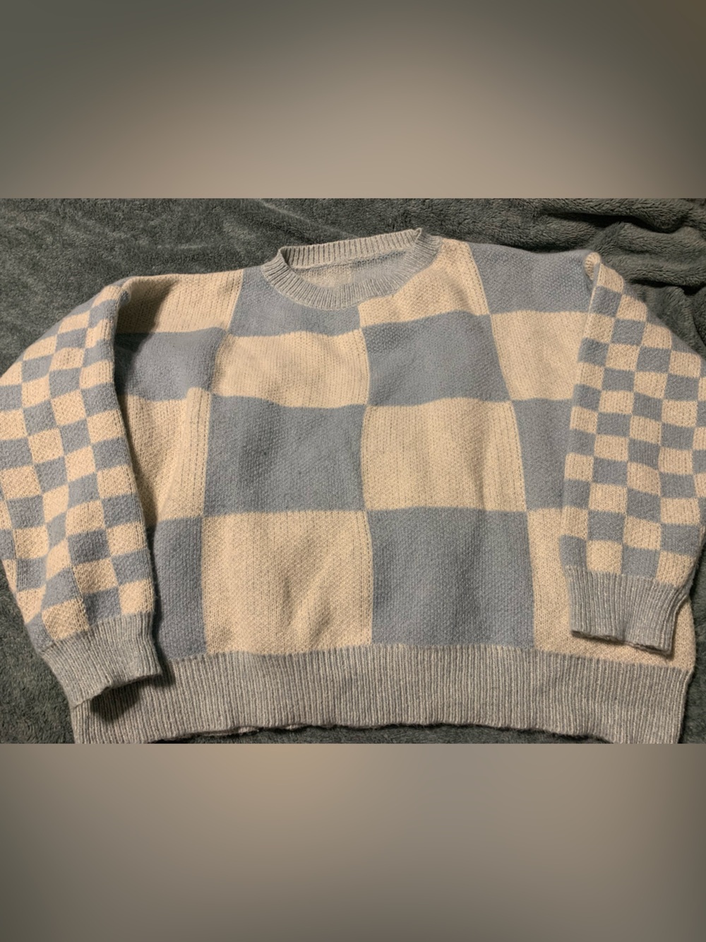 SHEIN Pastel Blue & Cream Checkerboard Crewneck Sweater